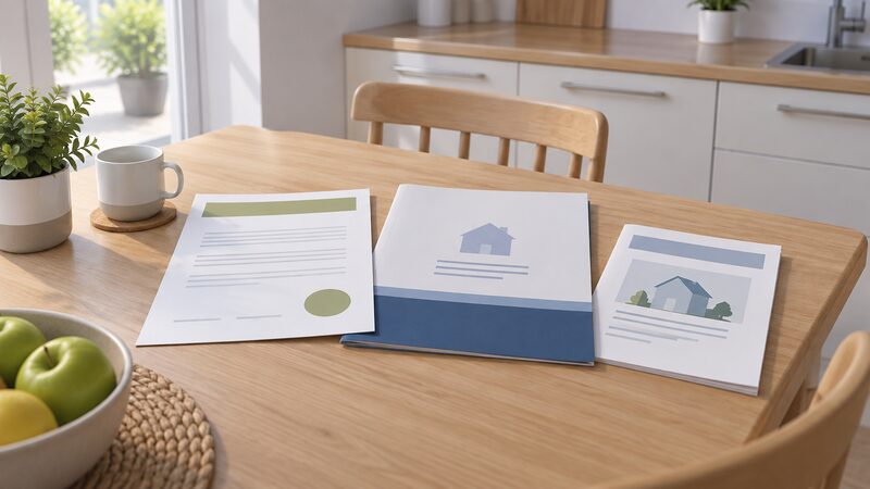 A completed MCS certificate and a handover folder lying on a kitchen table beside a system manual, shown as physical documents with blank lines and plain colour bands, with no people or equipment present.