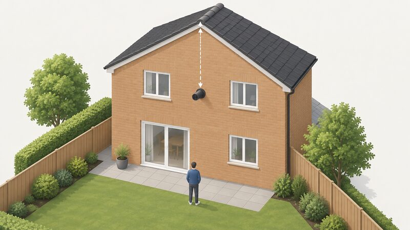 A simplified isometric view of a house seen from the rear, with a flue terminal on the rear wall and a dashed vertical measure line rising from the terminal up past the eaves to the roof ridge, showing the terminal staying within one metre of the highest roof point.