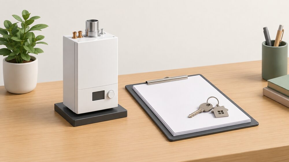 A small model of a wall-hung micro-CHP boiler unit stands on a table beside a neat stack of blank certificate and handover paperwork on a clipboard, with a house key resting on the papers.