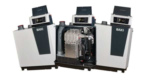 Three Baxi Gas 210 Ace micro-CHP boiler units, one shown with its casing open to reveal the internal engine