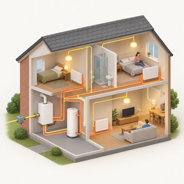 A cutaway isometric view of a home showing a wall-mounted micro-CHP boiler connected to radiators and a hot water cylinder, with glowing lines carrying heat to the rooms and electricity to lights and sockets, both shown as useful outputs.