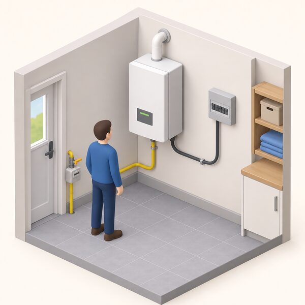 A small wall-mounted micro-CHP unit in a home utility space, connected by a gas pipe to the household gas supply, with a simplified isometric figure beside it and a cable running to the home's electrical supply, showing the unit generating electricity at home.