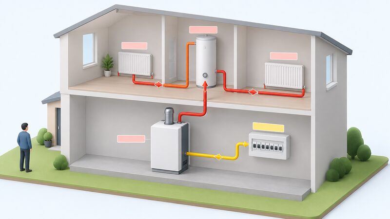 A simplified diagram of a micro-CHP unit with two separated output paths: a heat flow arrow running to the heating circuit with radiators and a hot water cylinder, and an electrical cable running to a consumer unit with circuit ways, each path shown as a distinct plain colour band.