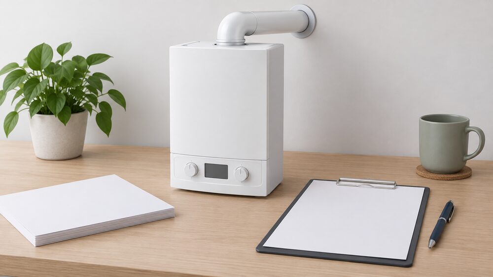 A small model of a wall-hung, boiler-like micro-CHP unit with a short horizontal flue pipe stands on a table beside blank performance-estimate paperwork, a clipboard and a pen, all lit by plain daylight.