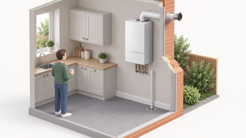 A wall-mounted micro-CHP unit in a domestic kitchen or utility position, shown in cutaway isometric view with its flue passing through the external wall and a condensate pipe running down to a drain, occupying the position a conventional boiler would take.
