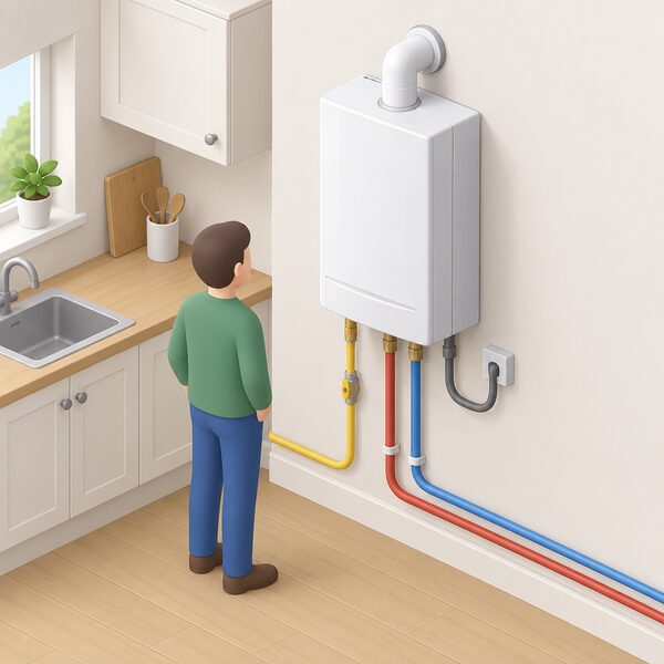 A wall-mounted indoor Stirling engine micro-CHP unit in a domestic kitchen, shown as a white boxy gas appliance replacing a boiler, with a simplified isometric figure standing beside it and gas, water and electricity connections running into the unit.