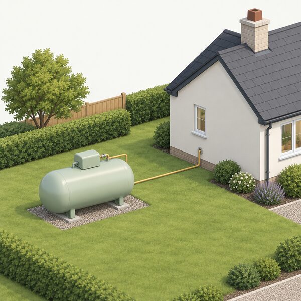 A domestic LPG storage tank standing in the garden of a home off the gas main, with a buried or surface pipe running from the tank to the house wall, drawn as a simple exterior scene with no people.
