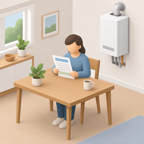 A household keeps its MCS certificate for the micro-CHP installation: a simplified isometric figure at a table in the home holds the printed certificate document, shown with blank lines and plain colour bands, with the wall-mounted micro-CHP boiler unit visible in the background.