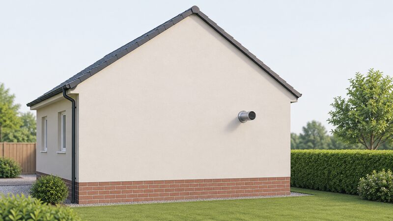 A simplified side elevation of a house showing a micro-CHP flue terminal protruding from the side wall well below the roofline, with the sloping roof and its highest ridge visible above it to show the terminal sits under the permitted height.
