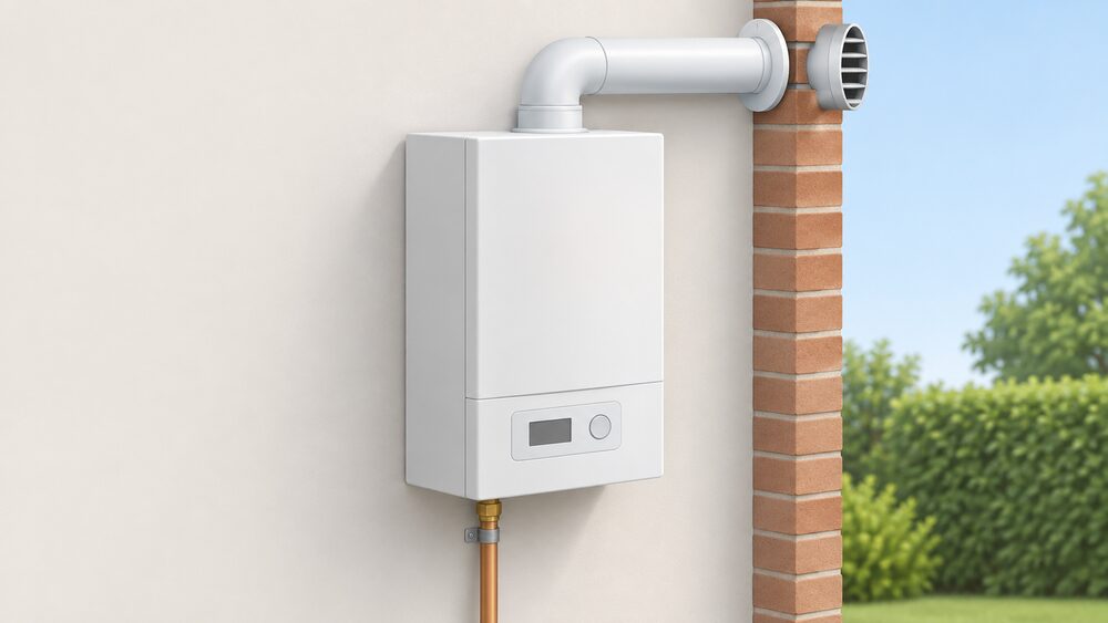 A wall-hung micro-CHP unit sized and styled like a standard domestic boiler, shown close up with its flue passing through the external wall to open air and its gas connection pipe visible beneath, with no other equipment in the scene.