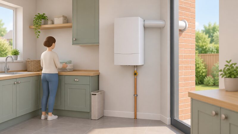 A wall-mounted micro-CHP unit, sized and styled like a standard boiler, on the wall of a kitchen utility space, with a gas supply pipe rising to it from below and a horizontal flue passing through the external wall behind it.