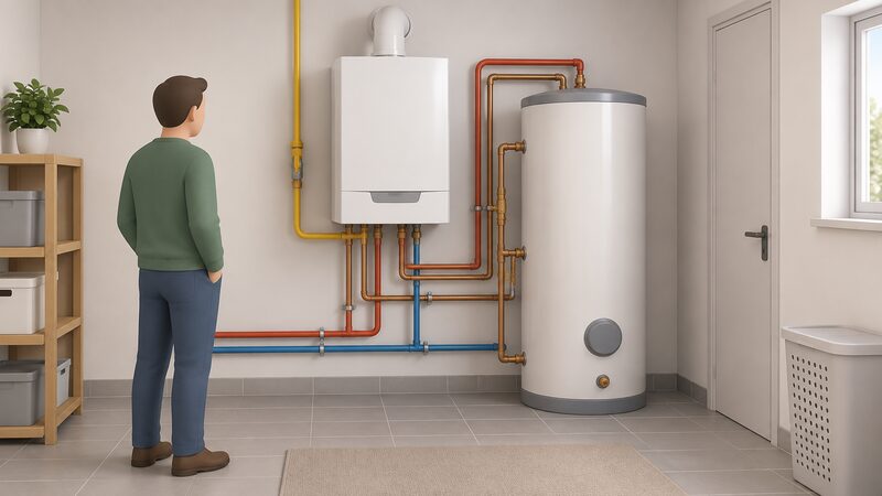 A wall-mounted gas micro-CHP boiler unit in a utility room, connected with pipework to an adjacent hot water cylinder and central heating flow and return pipes, with a small gas supply pipe entering the unit.