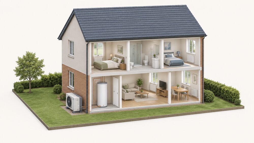 A cutaway house showing an air source heat pump fan unit standing on the ground outside an external wall, connected to a hot water cylinder and radiators inside, with a gas boiler-style flue absent to show the home no longer needs one.