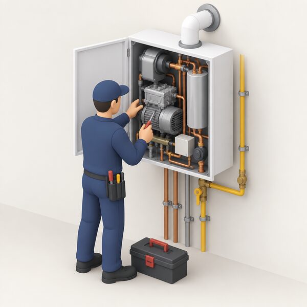 A wall-mounted micro-CHP unit, roughly boiler-sized, with its front casing open to reveal internal generating components, is being serviced by a specialist engineer holding tools, with gas pipework and a flue visible as for a gas appliance.