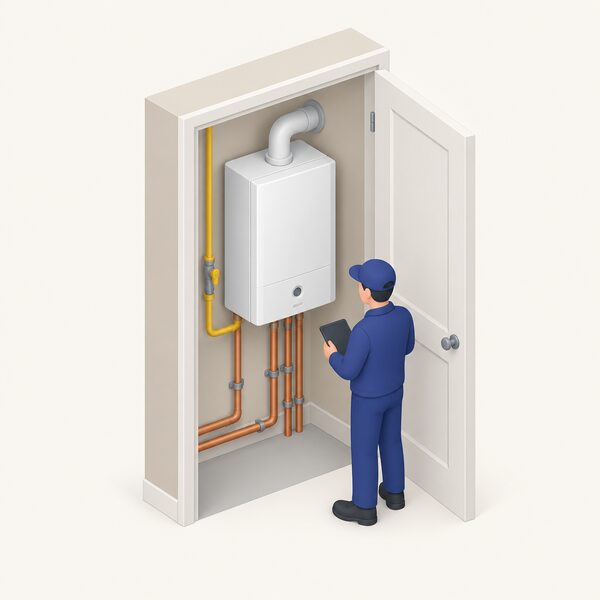 An open boiler cupboard in a home with a compact wall-mounted micro-CHP unit, roughly boiler-sized, connected to gas and heating pipework, with a small isometric figure of an engineer checking the installation.