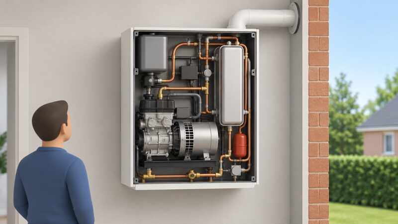 A cutaway view of a wall-mounted, boiler-sized micro-CHP unit on an interior wall, revealing inside the casing a prime mover (gas engine), a generator coupled to it, and heat recovery equipment, all linked by pipework, valves and controls, with the flue passing through to the outside wall.