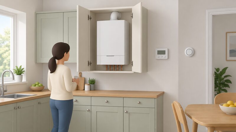 A compact wall-mounted micro-CHP unit, boiler-shaped and similar in size and style to a standard boiler, installed inside an open kitchen cupboard with a simple programmer on the wall beside it and a thermostat on an adjacent wall.