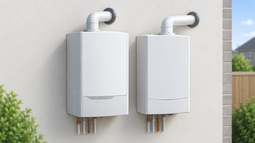 A close-up of two boiler-shaped wall-mounted casings side by side, one a micro-CHP unit and one a condensing gas boiler, each with a flue passing through the external wall behind it, shown as similar-sized kitchen or utility appliances.