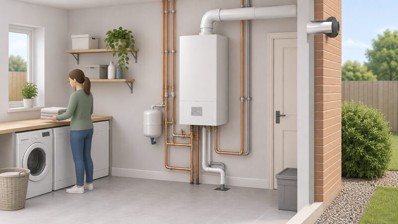 A domestic utility room with a tall white wall-mounted micro-CHP unit resembling a boiler, its pipework and flue visible, shown as a plain unbranded appliance with a small vented casing and a condensate pipe to a drain.