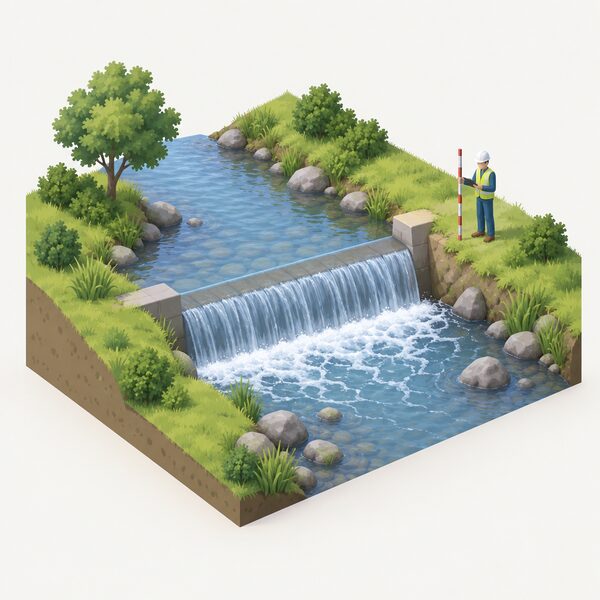 A small stream with a low weir across it, water spilling over the crest and pooling below, with a simplified surveyor figure standing on the bank measuring the flow and the vertical drop of the fall as part of a site assessment.