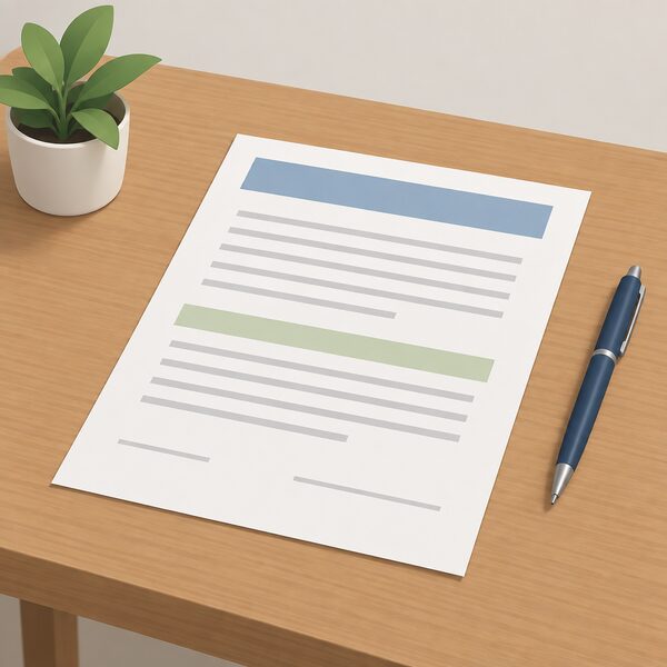A paper abstraction licence document lying flat on a wooden table, drawn as a physical sheet with plain colour bands and blank lines instead of readable content, beside a pen, with no turbine or other equipment shown.