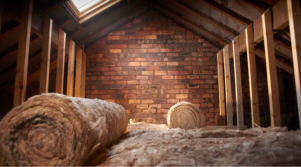 Rolls of mineral wool loft insulation laid out in an unfinished loft with brick gable wall and roof timbers