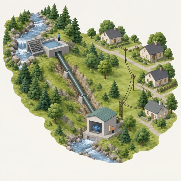 A small stream intake with a screen and forebay feeding a single penstock pipeline downhill to a small powerhouse, with electricity lines continuing to several neighbouring houses nearby, showing one shared scheme serving multiple properties.