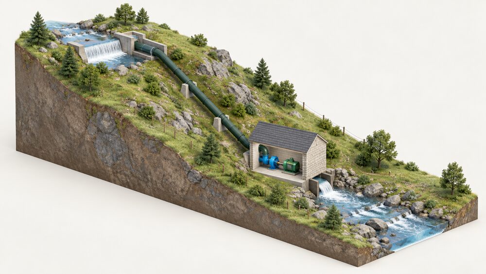 A cutaway hillside showing a complete run-of-river micro hydro scheme: a small intake and weir in a stream at the top, a penstock pipeline running downhill to a small powerhouse containing a turbine and generator, and an outfall returning water to the watercourse below.