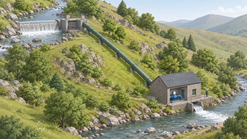 A small run-of-river hydro scheme on a hillside: a low weir across a stream feeding an intake, a pipeline running down the slope to a small stone powerhouse at the bottom, with the water returning to the river below it through an outfall.