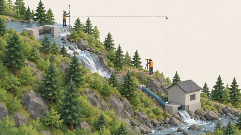 A surveyor on a steep wooded stream bank uses a hand level and a graduated measuring staff to sight the vertical drop between the intake water level upstream and the small turbine house at the outfall below.