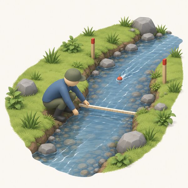 A simplified figure crouching beside a small stream channel, holding a measuring rule across the water to gauge the cross-section while a small float drifts downstream between two marker stakes set along the bank.