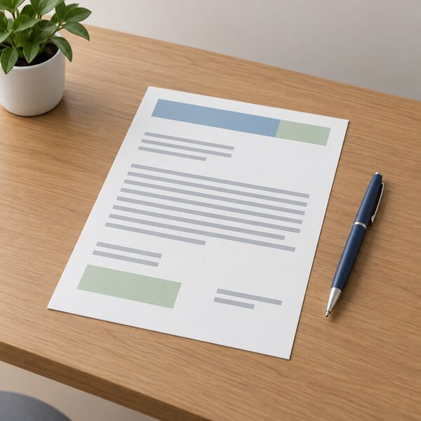 A paper abstraction licence document lying flat on a wooden table beside a pen, drawn as a physical object with its content shown only as blank lines and plain colour bands so nothing is readable.