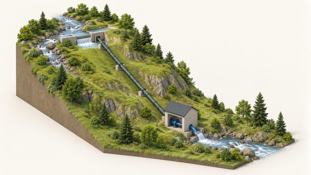 A steep grassy hillside with a small stream: at the top an intake with a small weir where water leaves the watercourse, a penstock pipe running down the slope, and at the bottom a small turbine housing beside the outfall where water returns to the channel, with some flow still passing down the original stream bed.