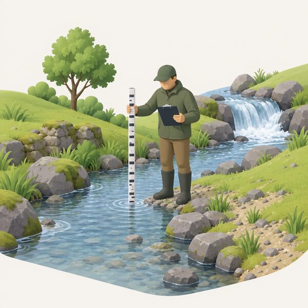 A surveyor in plain outdoor clothing stands on the bank beside a small stream at the planned turbine spot, holding a measuring staff in the water and a clipboard, recording flow and head as part of a lengthy on-site survey.