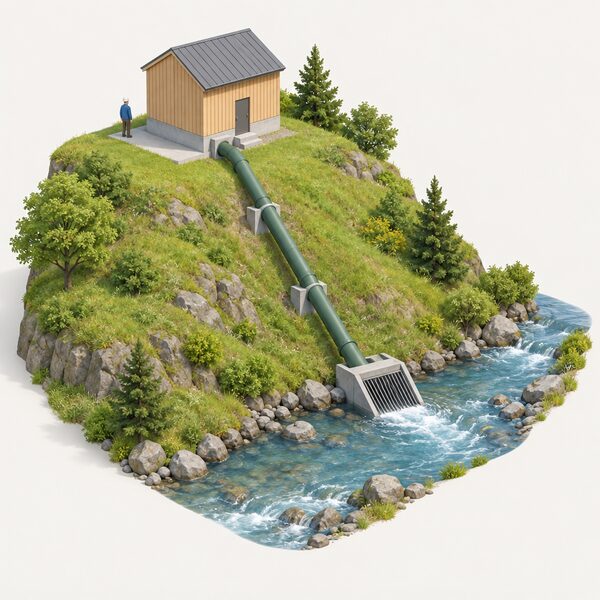 A small turbine house on raised ground above a stream, with a penstock pipe running down the slope to a screened intake in the watercourse.