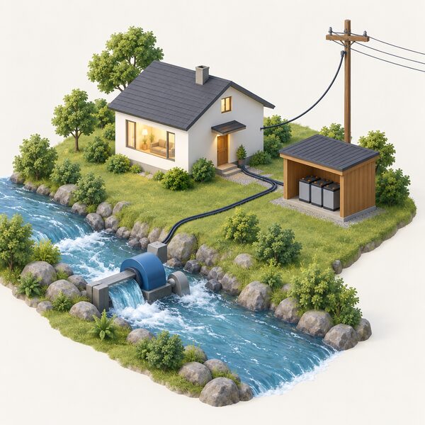 A stream turning a small turbine in its casing, with a cable running to a house and a shed containing a battery bank, and a separate export cable rising to overhead power lines on a pole, showing both grid export and off-grid storage.