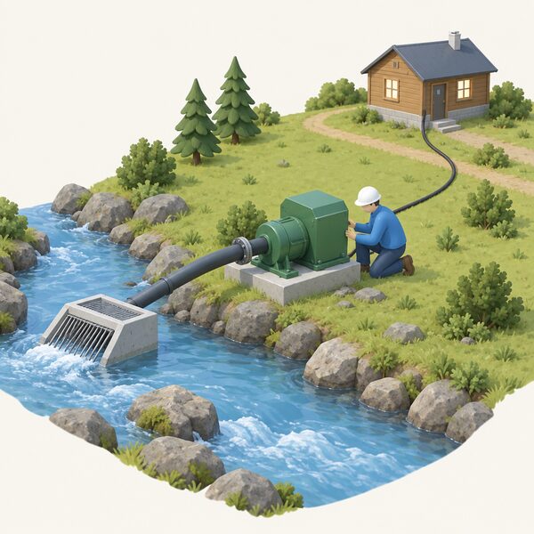 A small 1kW off-grid hydro generator set beside a stream, with an intake in the water, a cable running to a remote house, and a simplified installer figure kneeling beside the unit checking it.