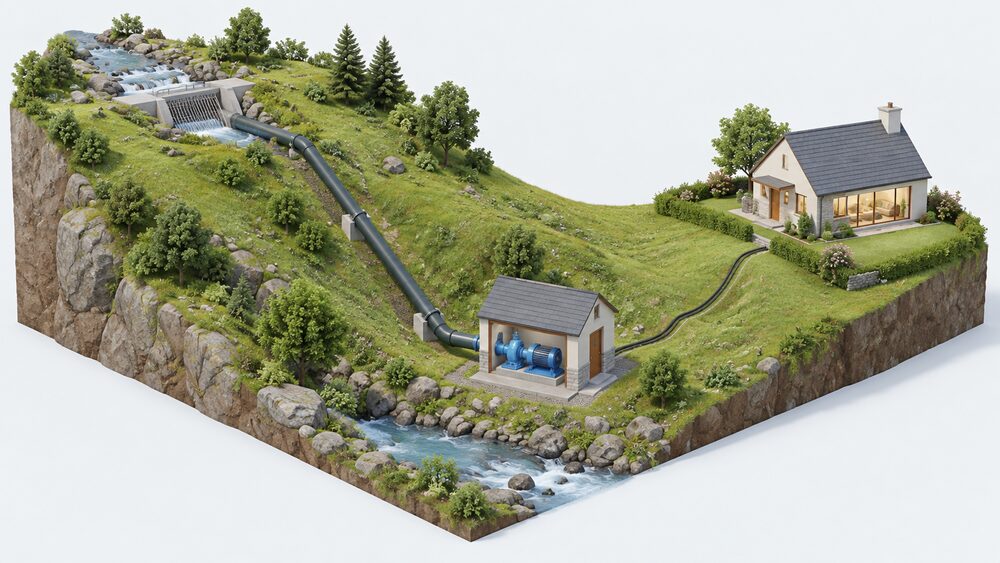 A cutaway hillside scene showing a small stream with an intake screen at the top, a penstock pipe running down the slope to a small turbine house near the bottom, with a cable running from the turbine house to a nearby house, and residual flow continuing in the watercourse past the intake.