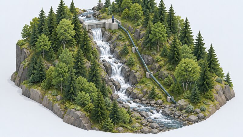 A steep wooded valley with a small stream falling over rocks, a low intake structure at the top of the drop, and a pipe running down the wooded bank toward the bottom where the height difference ends.