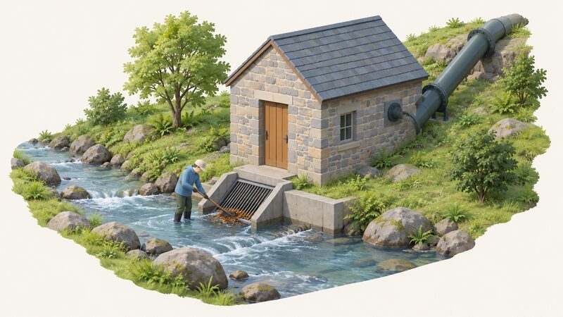 A small stone turbine house beside a stream, with a screened intake at the water's edge and a penstock pipe running up the outside wall and entering through it, a simplified figure clearing leaves from the screen.