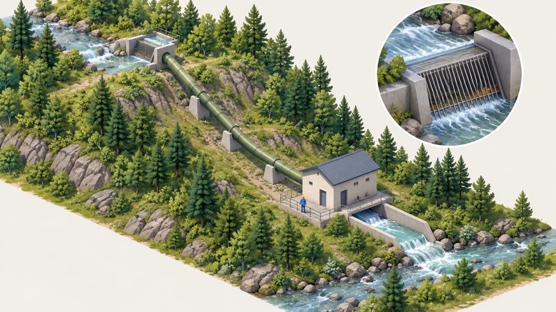 A small stream with a screened intake structure at its edge, a coarse screen keeping debris and fish out, and a penstock pipeline running down the wooded valley slope towards a small turbine house below, with a tailrace returning water to the stream further downstream.