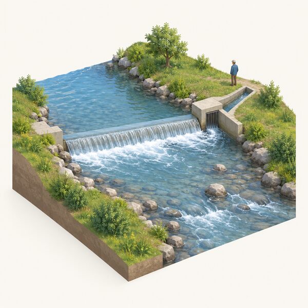 A small stream with a low intake weir across it, where part of the water is diverted into an intake opening at the side while the remaining residual flow continues over the weir crest downstream, keeping the stretch below the intake a functioning watercourse.