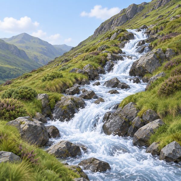 A steep green upland hillside with a fast-flowing rocky stream tumbling down its slope, showing the kind of high-rainfall terrain that produces most of the UK's hydro resource, with no buildings or equipment visible.