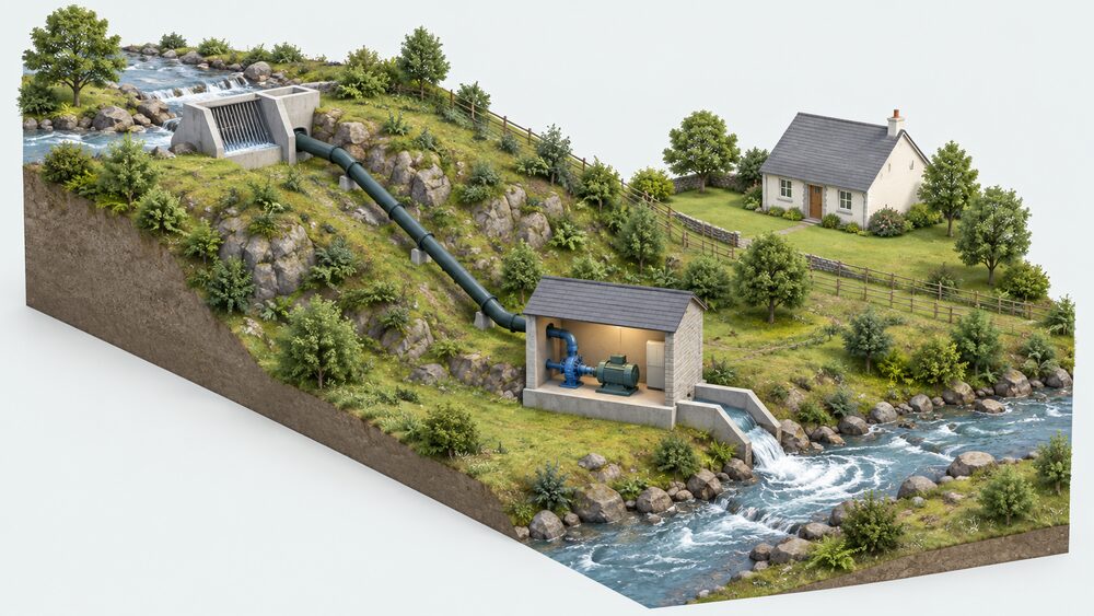 A cutaway hillside scene showing a small run-of-river micro hydro scheme: a screened intake in a flowing stream, a penstock pipe descending the slope to a small turbine and generator house, and a tailrace channel returning the water to the stream downstream, with a house nearby.