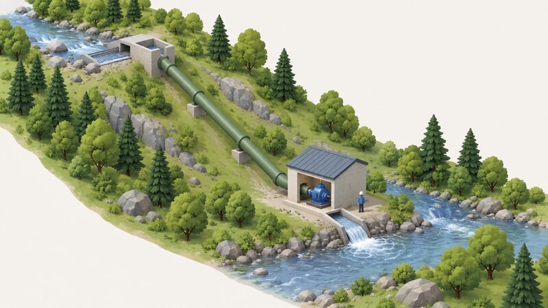 A small isometric scene of a stream with a simple intake structure at the bank, a pipeline running down the slope to a small turbine house, and a discharge channel returning water to the stream below, with a simplified figure standing beside the turbine house.