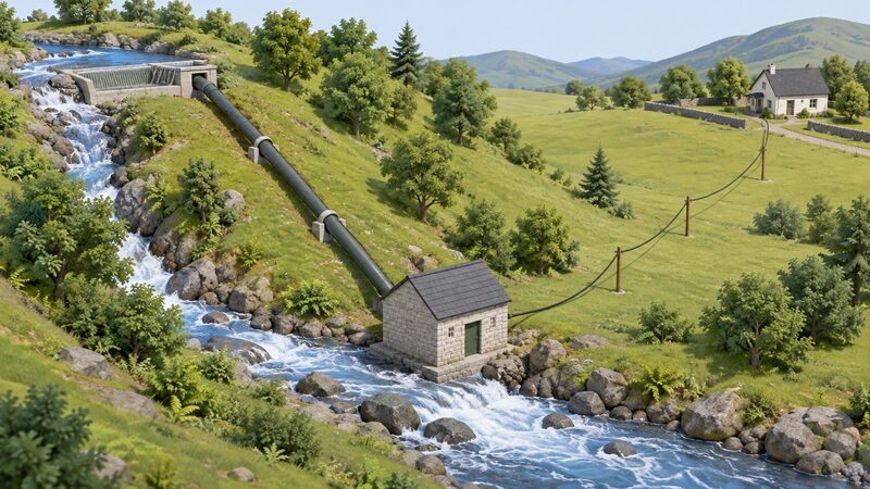 A small stone turbine house beside a fast stream, with a penstock pipe running down the steep grassed bank from an upstream intake to the building, and a cable leaving the house toward a distant home.