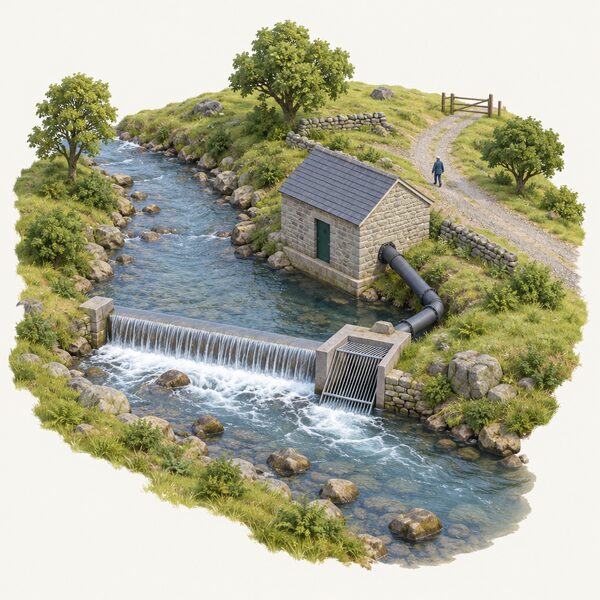 A small stone-built turbine house beside a stream, with a low intake weir across the watercourse channelling water through a screened inlet and a pipe into the building, set in a rural landscape with a simple access track leading to it.