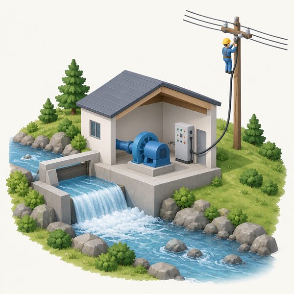 A small hydro generator in a simple powerhouse beside a stream, with a cable running from its control panel up a pole to overhead lines of the local distribution network, while a simplified figure inspects the connection.