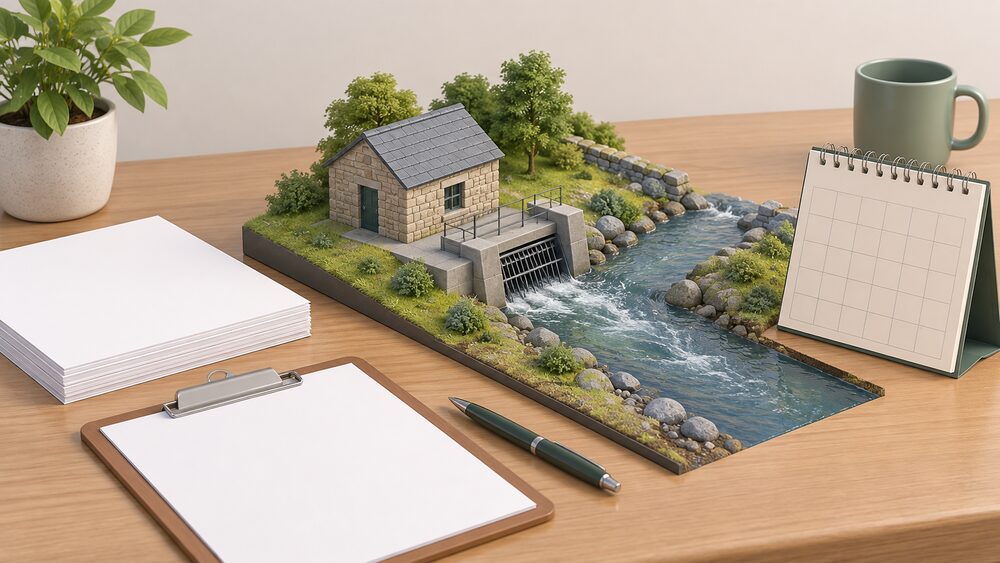 A small model of a stone turbine house beside a river intake sits on a table next to blank application paperwork, a clipboard, a pen and a desk calendar, representing a micro hydro scheme waiting on consent before any work begins.