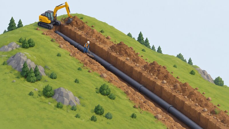An open trench running down a grassy hillside with a dark penstock pipe laid along its base, a small isometric worker with a shovel beside the trench and a small excavator at the upper end, showing the buried pipeline during the civil works stage.